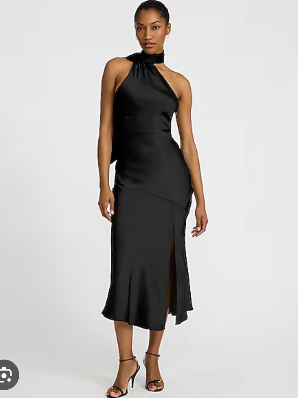 Black Scarf Satin Midi Dress